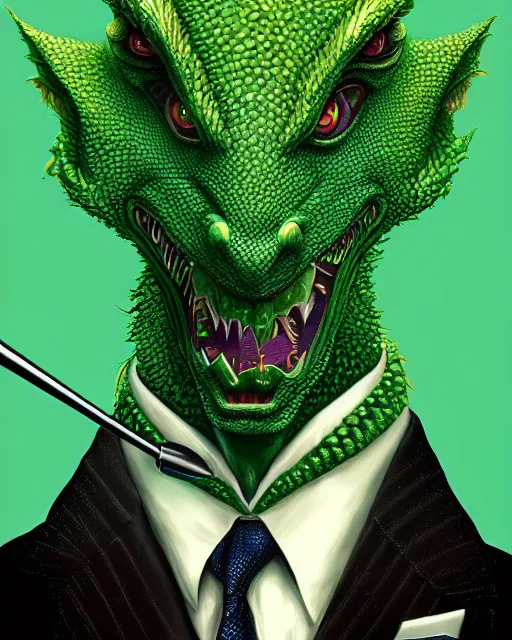 Prompt: anthropomorphic art of a businessman dragon, green dragon, portrait, 1 9 8 0 s business fashion, patrick bateman, american psycho, victo ngai, ryohei hase, artstation. fractal papers and books. highly detailed digital painting, smooth, global illumination, fantasy art by greg rutkowsky, karl spitzweg