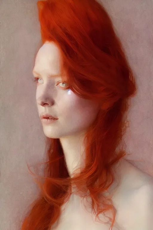 Image similar to of beautiful redhead female, beauty portrait by greg rutkowski, hilma af klint, moebius, victo ngai, sharp focus, global illumination, highly detailed, masterpiece, award winning, post processing