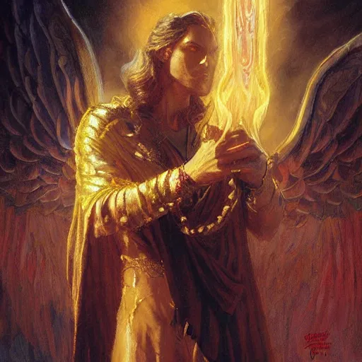 Image similar to attractive male deity casts light spell, summons attractive male lucifer morningstar. highly detailed painting by gaston bussiere, craig mullins, j. c. leyendecker 8 k