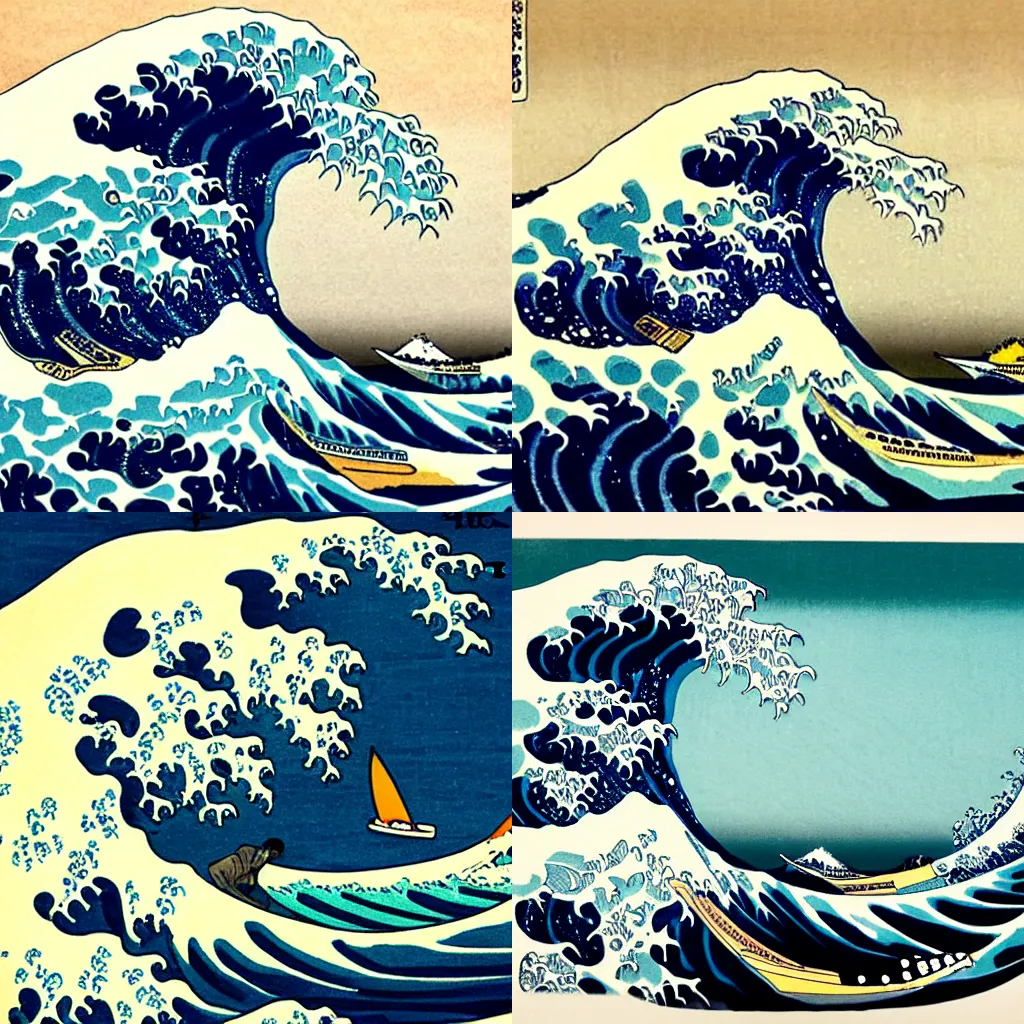 Prompt: Surfing a great wave in the stile of hokusai