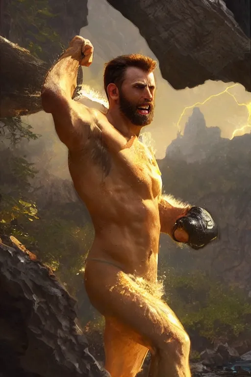 Image similar to chris evans cave man clothes fighting in the sun, yellow lighting ultra realistic photorealistic highly detailed high quality, a stunningly, digital painting, artstation, concept art, smooth, sharp focus, illustration, art by artgerm and greg rutkowski and alphonse mucha 8 k