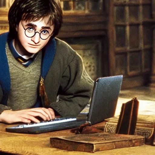 Image similar to Photo of Harry Potter using a computer in Hogwarts