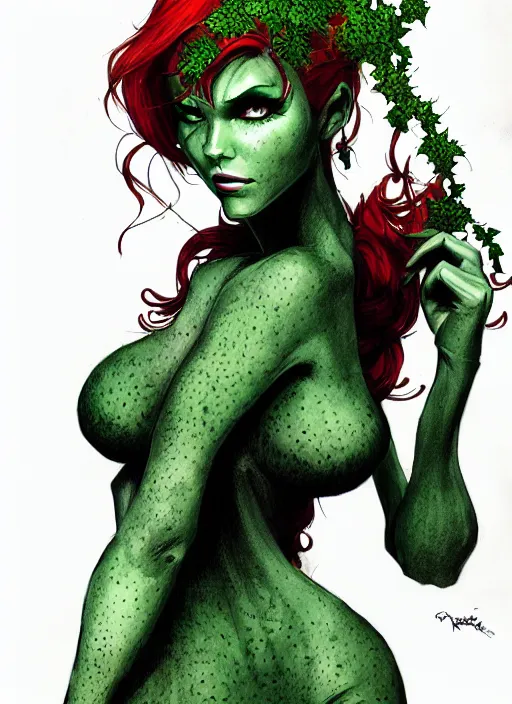 Image similar to concpet art, full shot, traditional ink, sketch, of poison ivy, line sketch, intricate, elegant, highly detailed, monochrome, digital painting, artstation, concept art, green, black, red ink sharp focus, illustration, art by borderlands 3 and peter polach