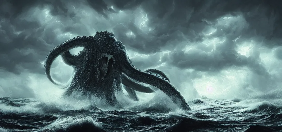 Image similar to wild ocean storm at night, a giant kraken emerging from water, dramatic lighting, cinematic, establishing shot, extremly high detail, foto realistic, cinematic lighting, post processed, concept art, artstation, matte painting, style by eddie mendoza, raphael lacoste, alex ross
