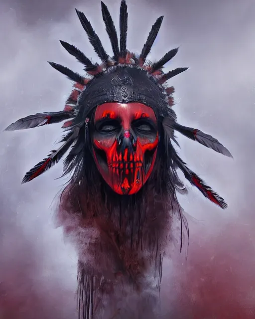 Image similar to the ghost - spirit of the grim - warpaint wears the scarlet skull armor and native blood headdress feathers, midnight fog - mist!, dark oil painting colors, realism, cinematic lighting, various refining methods, micro macro autofocus, ultra definition, award winning photo