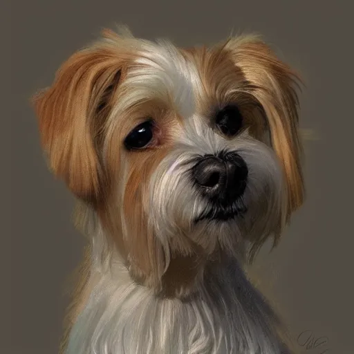 Image similar to a maltese terrier, concept art by guillermo martinez, artstation, golden hour, golden ratio portrait