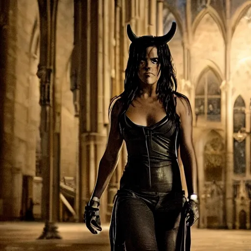 Image similar to michelle rodriguez as a female demon in a gloomy gothic cathedral at night