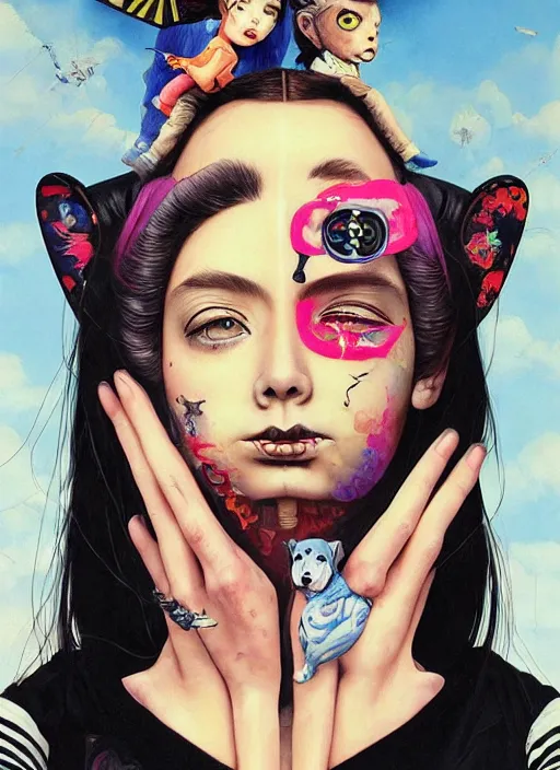 Prompt: beautiful portrait painting of a cute Anarchist lofi cyberpunk princess and her corgi assassin king, by Afarin Sajedi, Alessandro Barbucci, Alex Gross, Shin Jeongho, Shohei Otomo. trending on Artstation, 8k, masterpiece, face enhance, graffiti paint, fine detail, full of color, intricate detail, golden ratio illustration