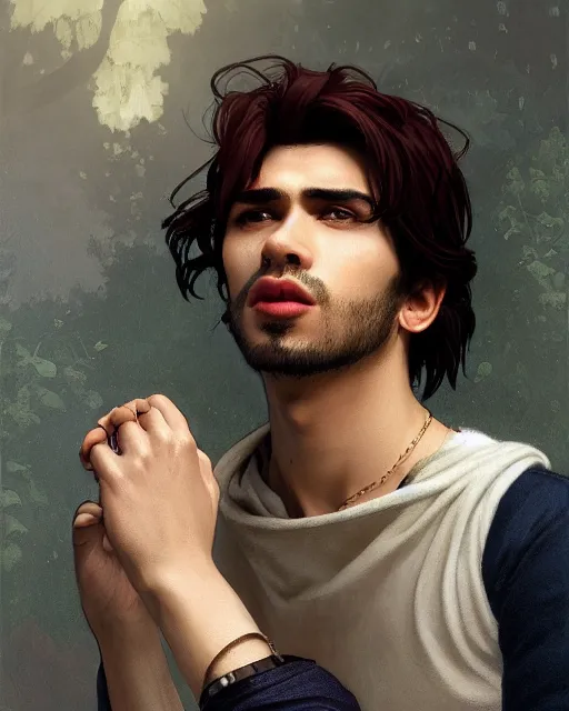 Prompt: 3 / 4 portrait, male vampire, brown skin, night, long dark red hair, dark blue shirt, beautiful, modern, detailed background, jewelry, earrings, ilya kuvshinov, alphonse mucha, william bouguereau, rossdraws, greg rutkowski, super detailed, realistic, octane render, volumetric, cinematic, 8 k