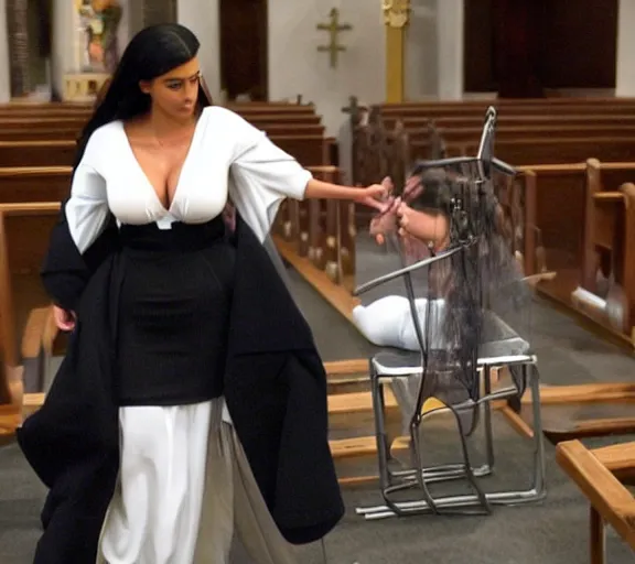 Image similar to a movie still of kim kardashian handcuffed with a chain around her neck, bonded to a steel chair on the alter of a church. priest yelling shame at her