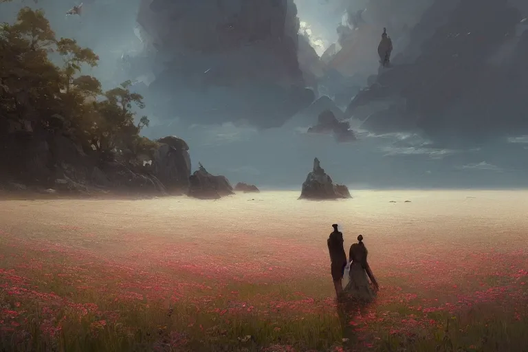 Prompt: a beautiful painting of the sea of flower, two people, by greg rutkowski, trending on artstation