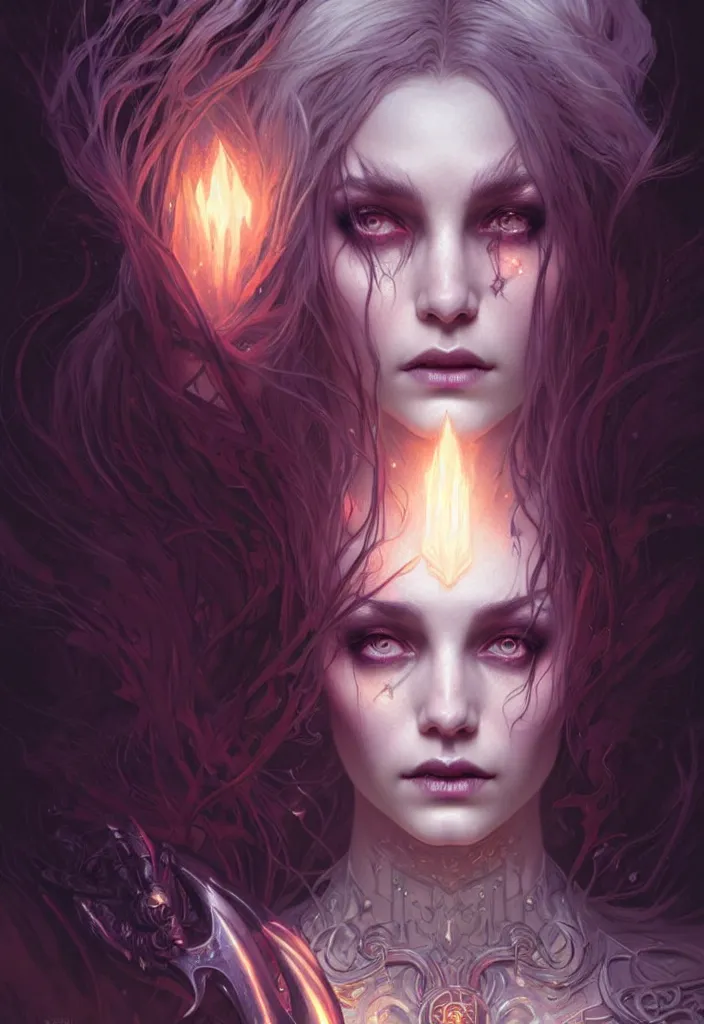 Image similar to Necromancer Sorceress face in center, fantasy magic, undercut hairstyle, dark light night, intricate, elegant, sharp focus, illustration, highly detailed, digital painting, concept art, matte, art by WLOP and Artgerm and Greg Rutkowski and Alphonse Mucha, masterpiece