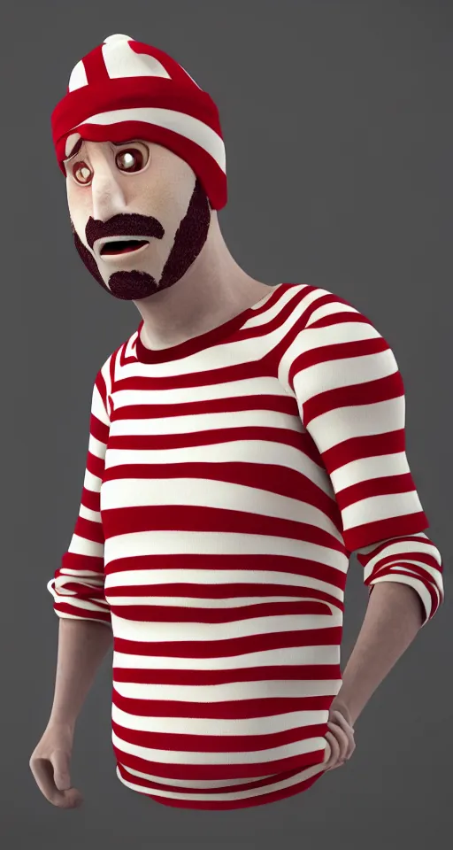 Image similar to a hyperrealistic portrait photo of waldo from where's waldo, portrait, photograph, volumetric lighting, heavy mood, grump expression, hyper realistic, 8 k render, unreal engine 5 render