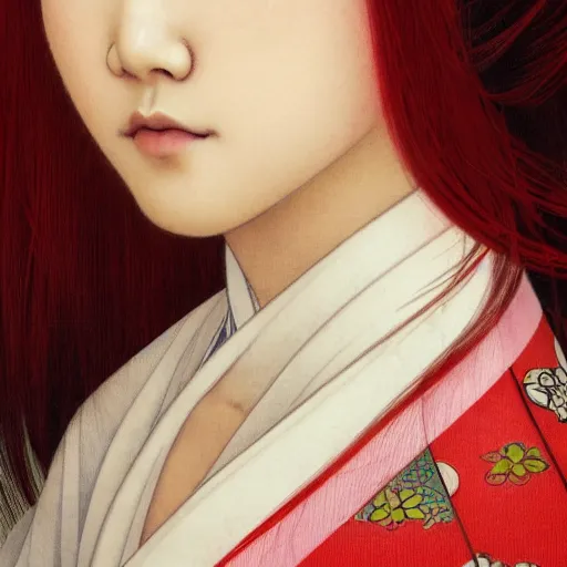 Image similar to side portrait of a young japanese woman wearing a kimono, long hair, headshot, hyper realistic, pale skin, bright red hair, 4k, rule of thirds, extreme detail, detailed drawing, trending artstation, hd, fantasy, D&D, realistic lighting, by Alphonse Mucha, Greg Rutkowski, sharp focus, backlit, elegant