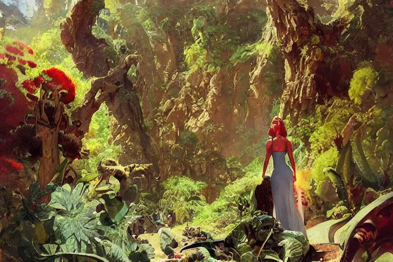 Image similar to pulp scifi illustration, elegant woman meets lizard alien in beautiful garden, flowers, baobab trees, distant town in valley and hills, spacehip lands, by norman rockwell, jack kirby, john berkey, bergey, craig mullins, ruan jia, raymond swanland, jeremy mann, beksinski, tom lovell, alex malveda, schomburg