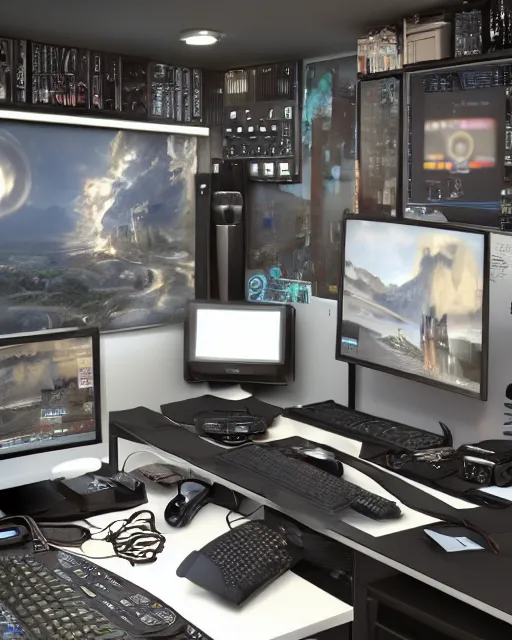 Image similar to a complex computer workstation in a small studio apartment room, many monitors, many electronics, very detailed, maximalism, unreal engine, hyper realism, realistic shading, cinematic composition, realistic render, octane render, detailed textures, photorealistic
