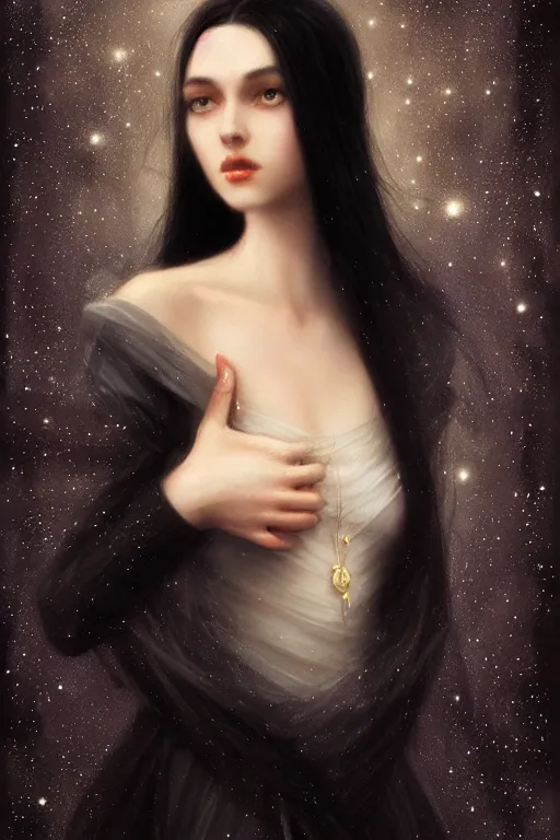 Image similar to Nocturne, glowing, stars, a long-legged elegant evil woman, long black hair, pearl amulet, highly detailed, mysterious, ethereal, dressed in black velvet, haute couture, illustration, dramatic lighting, soft details, painting, by Edmund Blair Leighton, Brom, Charlie Bowater, trending on artstation, faces by otto schmidt
