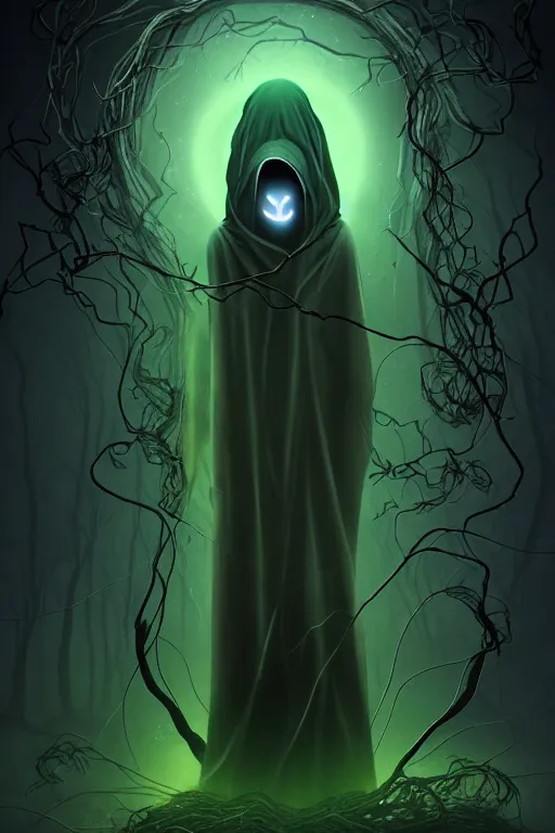 Image similar to A full body portrait of a ghost like character with no face, glowing eyes and a very long hooded dark green cloak made of leaves and vines art by Shaddy Safadi and Jason Chan, ominous, cosmic horror, trending on artstation, Ultra detailed, hyper realistic 4k