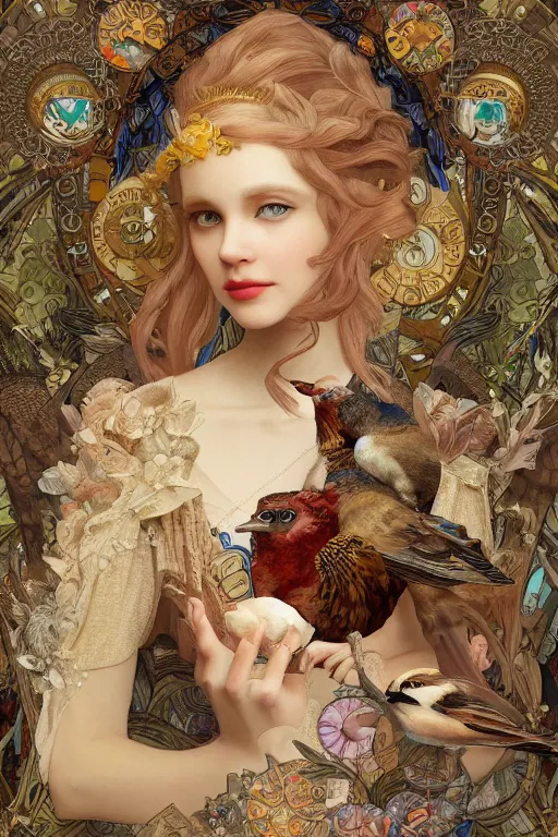 Prompt: zoomed out 3 d render of english princess holding birds, ornaments, mucha vibe, dieselpunk, solarpunk, artstation