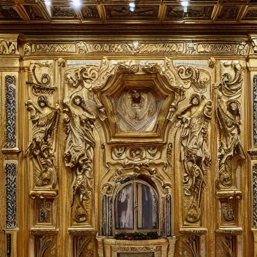 Image similar to ornate marble and gold wall, full of paintings of angels, highly detailed