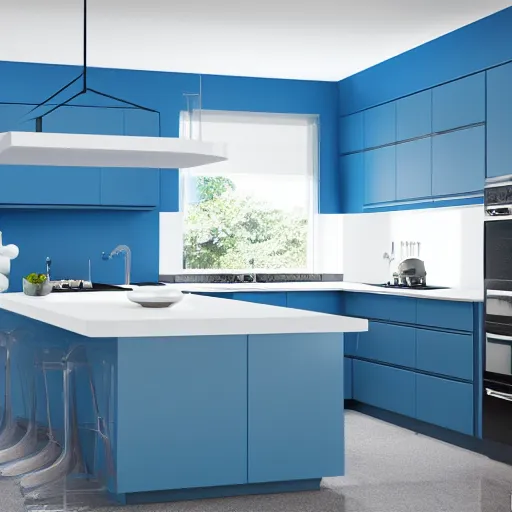 Image similar to interior of a modern minimal kitchen, blue color scheme, photorealist, 4 k