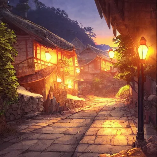 Image similar to concept art painting of a cozy village at night in a mountainous forested valley, historic european and japanese architecture, realistic, detailed, cel shaded, in the style of makoto shinkai and greg rutkowski and james gurney