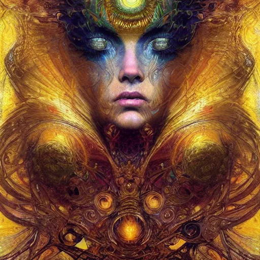 Image similar to Divine Chaos Engine by Karol Bak, Jean Deville, Gustav Klimt, and Vincent Van Gogh, beautiful visionary mystical portrait, otherworldly, fractal structures, ornate gilded medieval icon, third eye, spirals