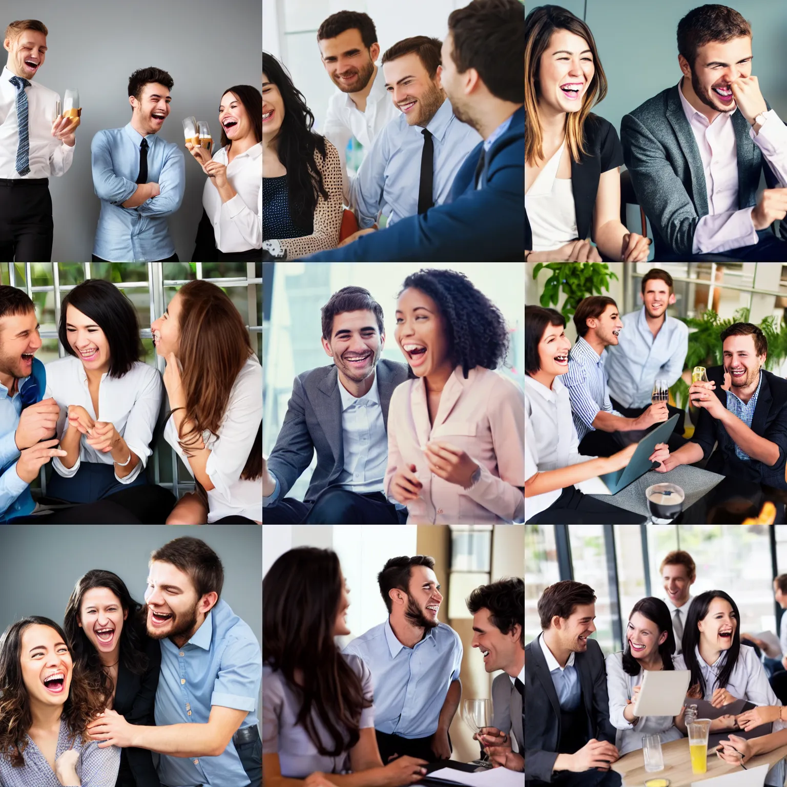 Prompt: stock photo of moderately attractive twenty - somethings in casual business attire sharing convivial laughter