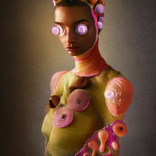 Prompt: a close - up shot of a brown woman wearing a luminous armor made of neon jelly fishes. soft lighting. fragile. haunting eyes!! coherent face!! no makeup!! muted colors. by ray caesar. by louise dahl - wolfe. by andrea kowch. surreal photography