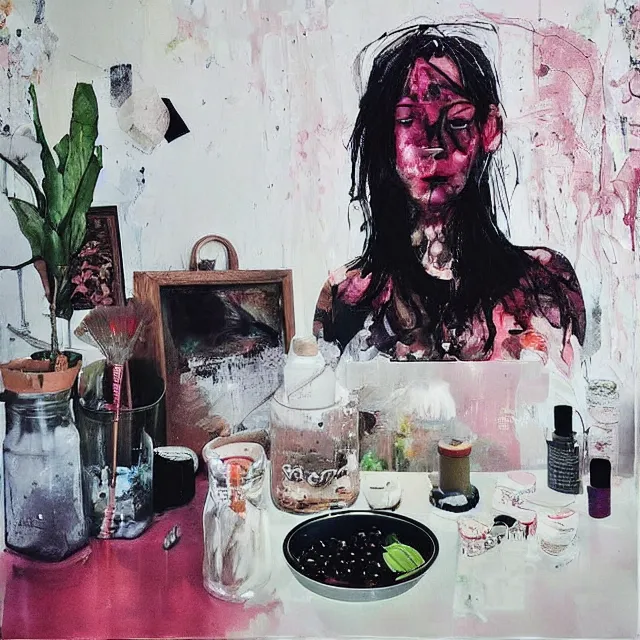 Image similar to “ a portrait in a female art student ’ s apartment, sensual, art supplies, paint tubes, palette knife, pigs, ikebana, herbs, a candle dripping white wax, black walls, squashed berries, berry juice drips, acrylic and spray paint and oilstick on canvas, surrealism, neoexpressionism ”