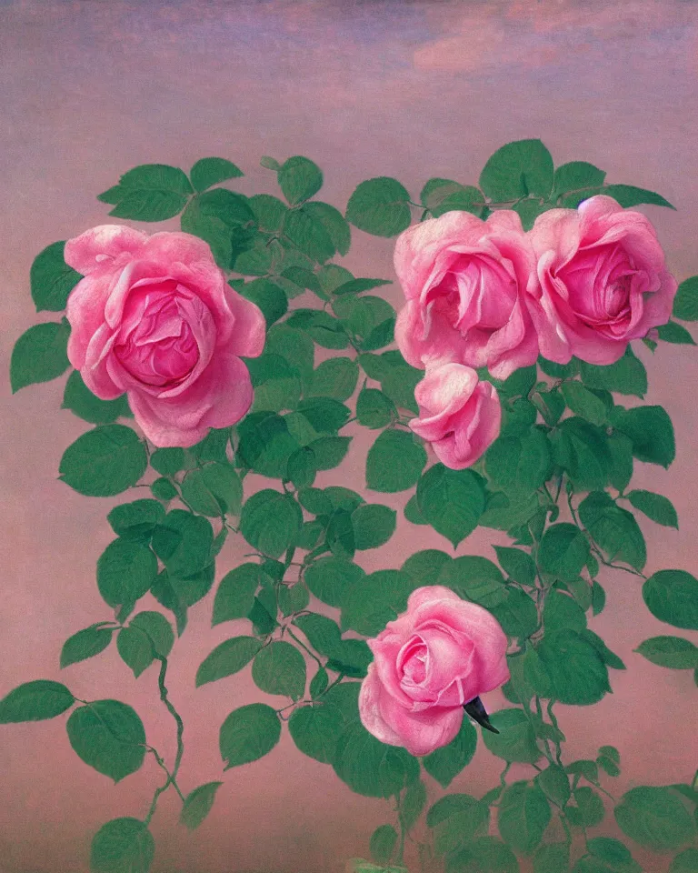 Image similar to achingly beautiful extreme close up painting of blooming pink rose by rene magritte, monet, and turner. piranesi. macro lens, symmetry, circular.