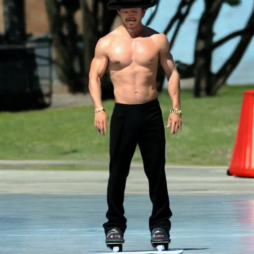 Image similar to mark wahlberg skating outside in a speedo with a tophat