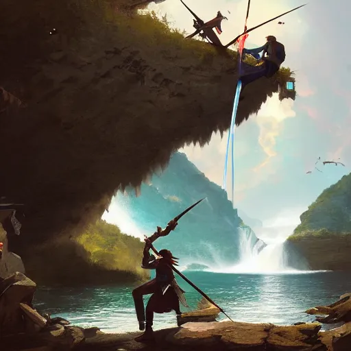 Image similar to two pirates having a sword duel in a rope bridge in front of a large waterfall, digital art, cinematic, vivid colors, elegant, very beautiful, epic, greg rutkowski, atey ghailan, trending on art station