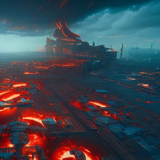 Image similar to a fiery realm with futuristrict structures and factories, scandinavian / norse influenced, cinematic, ray traced, octane render, cinematic lighting, ultrarealistic, featured on artstation, 8 k uhd artwork
