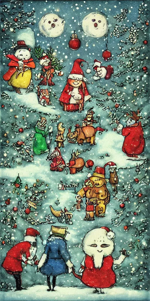 Image similar to an christmas greeting card scene by alexander jansson, joel fletcher, owen klatte, angie glocka, justin kohn, maurice sendak. christmas color palette.