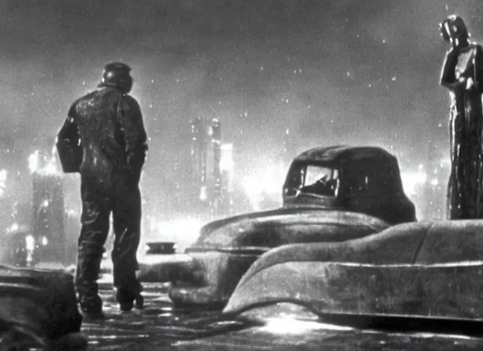 Image similar to scene from the 1932 science fiction film Blade Runner with the main character standing next to a vehicle