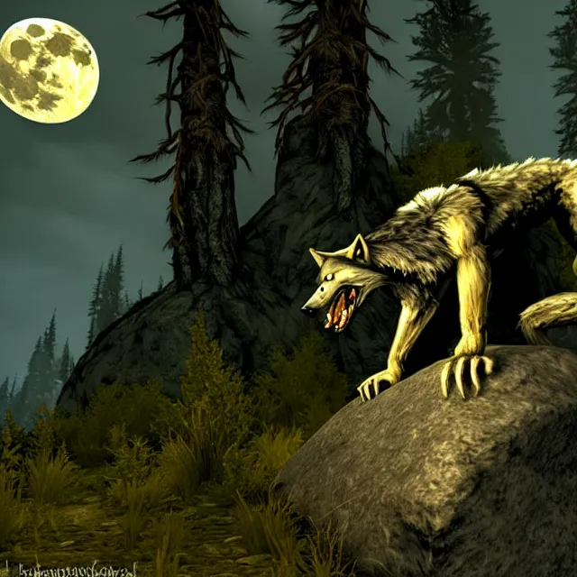 Image similar to A werewolf sitting on a rock, woodland creek, realistic, skyrim style, yellowish full moon