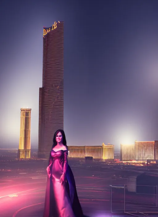 Image similar to full length portrait, duchess of blood, night shot of las vegas in background, highly detailed, CGsociety, subtle, concept art, HDR, hyper realistic, volumetric lighting, subsurface scattering, unreal