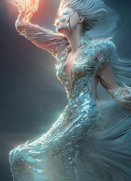 Image similar to beauteous practical sumptuous biomechanical with incredible iridescent pearlescent voluminous hair, crystalline masterpiece incrustations, hyperdetailed face, elegant pose, movie still, cinematic forest lighting, intricate accuracy, octane render, cgsociety, artgerm, unreal engine, crepuscular rays, god rays