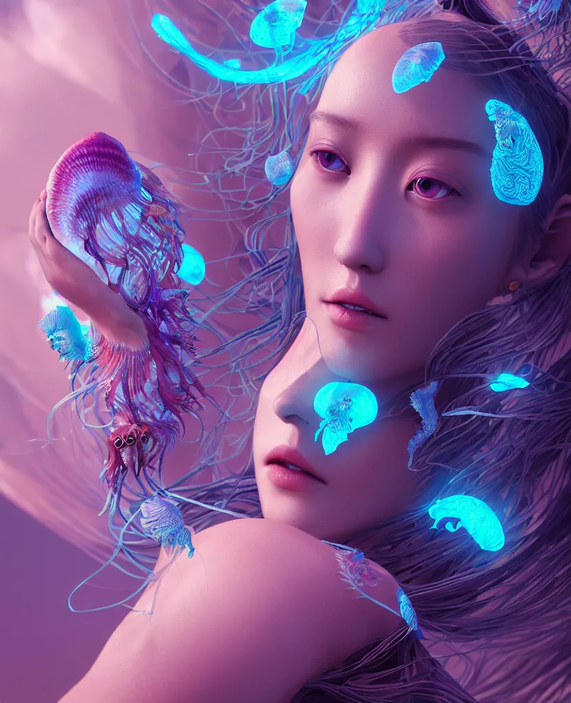 Image similar to goddess close-up portrait. jellyfish phoenix head, nautilus, orchid, skull, betta fish, bioluminiscent creatures, intricate artwork by Tooth Wu and wlop and beeple. octane render, trending on artstation, greg rutkowski very coherent symmetrical artwork. cinematic, hyper realism, high detail, octane render, 8k