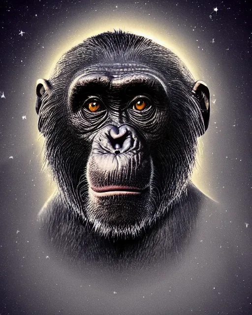 Prompt: very detailed high resolution illustration portrait of a chimpanzee head wearing a helmet, backlit, stars, night, surrounded, 3 d, 8 k, extremely detailed, artstation, award winning