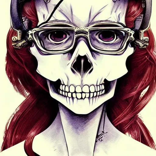 Prompt: anime manga skull portrait young woman skeleton, bart simpson, painterly, logo, graffiti, elegant, highly detailed, digital art, art by jc leyendecker and sachin teng