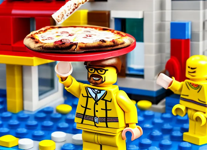 Image similar to product photo still of walter white throws pizza on the roof of house lego set, 8 k, 1 2 0 mm macro, f 1. 8, studio lighting, key light