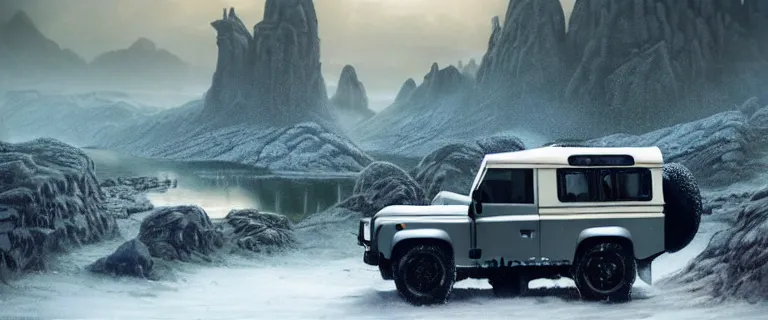 Image similar to Land Rover Defender 110 (1985), an epic fantasy, dramatic lighting, cinematic, establishing shot, extremely high detail, photorealistic, cinematic lighting, artstation, by simon stalenhag, The Elder Scrolls V: Skyrim, Nice view of the Shrine of Azura, giant statue of Azura, snow, mountains