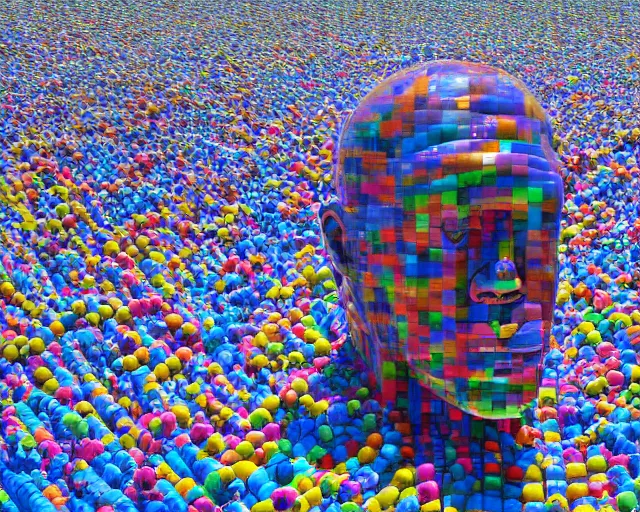 Image similar to a long shot of a giant award winning sculpture of a human head made out of a lot of inflatable pool toys, on the surface of the ocean, in the style of chad knight, hyper detailed, hyper realistic, ray tracing, 8 k resolution, sharp focus, realistic water