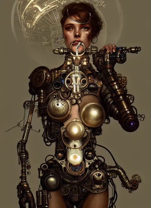 Image similar to steam punk cyborg, diffuse lighting, fantasy, intricate, elegant, highly detailed, lifelike, photorealistic, digital painting, artstation, illustration, concept art, smooth, sharp focus, art by John Collier and Albert Aublet and Krenz Cushart and Artem Demura and Alphonse Mucha