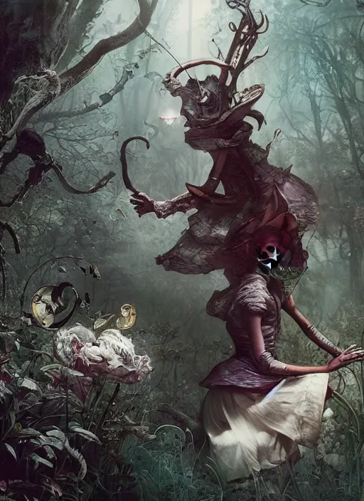 Image similar to Alice in Wonderland hunting White Rabbit,highly detailed,cinematic,8k,by Stanley Artgermm,Tom Bagshaw,Greg Rutkowski,Carne Griffiths, Ayami Kojima, Beksinski, Giger,trending on DeviantArt,hyper detailed,horror, full of colour