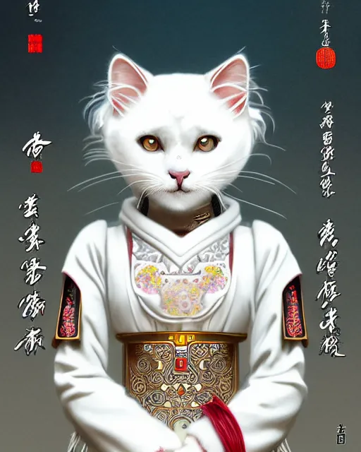 Image similar to portrait of a fluffy white cat cyberpunk machine, machine face, robed, upper half portrait, decorated with chinese opera motifs regal asian machine robot cyberpunk fine china, wuxia, traditional chinese art intricate intense elegant highly detailed digital painting artstation concept art smooth sharp focus illustration, art by artgerm and greg rutkowski alphonse mucha 8 k