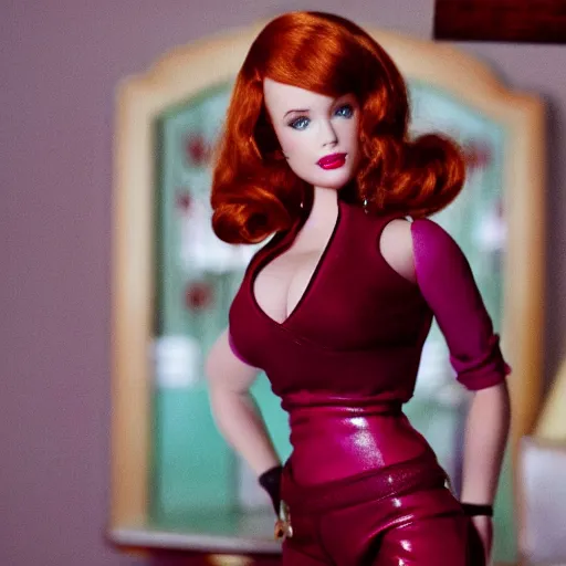 Image similar to amazing beautiful Christina Hendricks barbie doll wearing leather in the living room, film still from the movie directed by Denis Villeneuve , wide lens