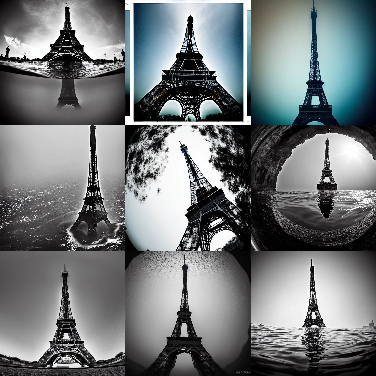 Prompt: submerged eiffel tower underneath dark ocean water, national geographic, submarine, gloomy, high quality photography, blurry, polluted, crisp details, sigma 1 0 - 2 0 mm, nikon 1 0 - 2 4 mm, caustic light, aquatic photography, fisheye, water particulate, hazy low contrast